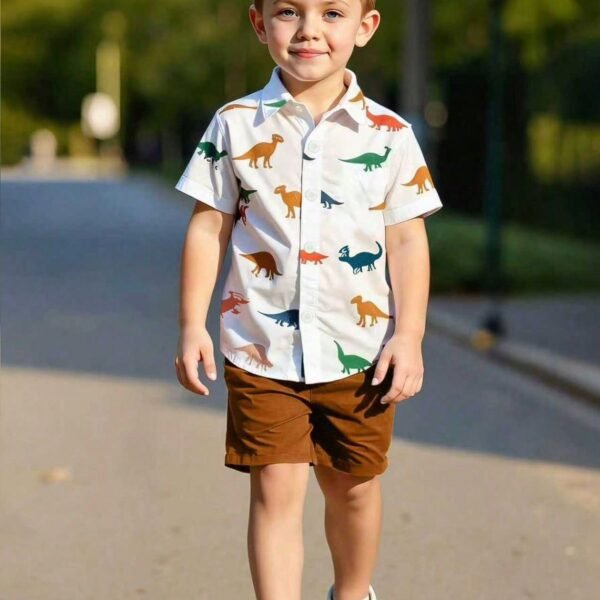 قميص أطفال صيفي بطبعة ديناصورات – قميص أولادي قطني مريح وأنيق